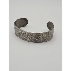 Retro Rose Cuff Bracelet Vintage Kirk Stieff Pewter June Flower Bud Silver Gray